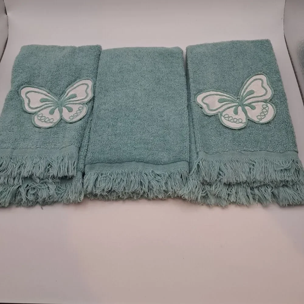Martex Westpoint Pepperell USA Aqua Hand Towels (3) Butterfly Applique Fringes